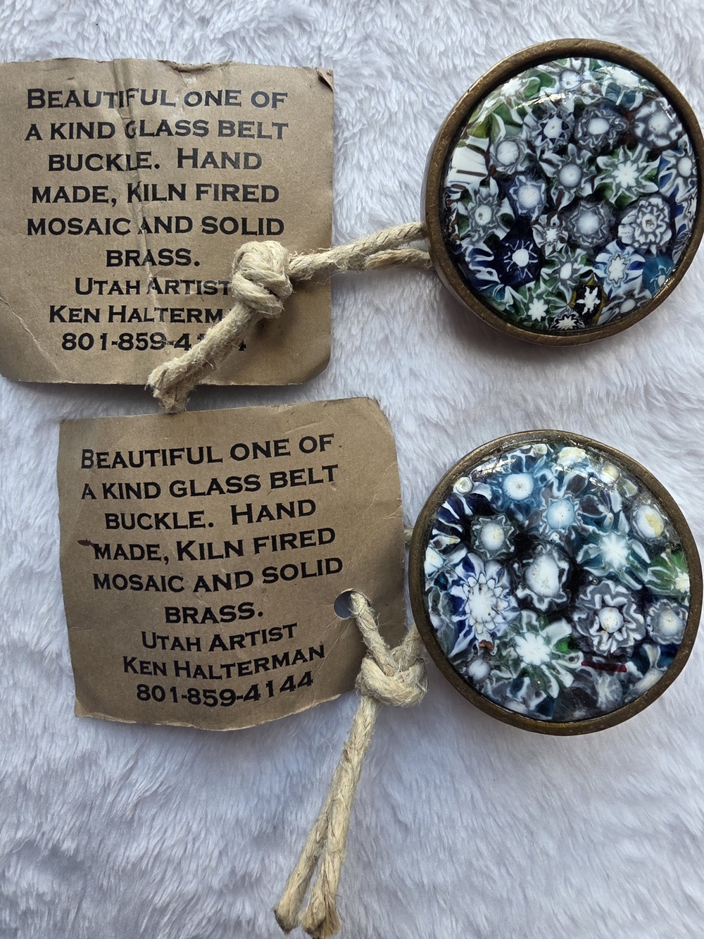 Ken Halterman Handmade Glass Mosaic Solid Brass Belt Buckles Set of 2